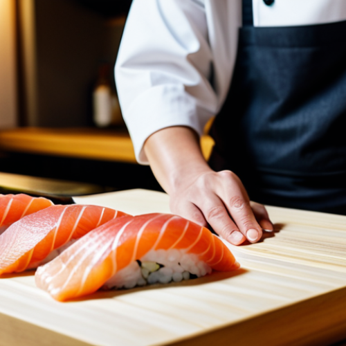 Home 11 ** A highly skilled master sushi chef, in a clean, modest traditional Japanese chef's uniform, meticulously crafting a piece of nigiri sushi behind a sleek, well-lit wooden sushi counter. The chef's hands are precisely shaping the rice and placing a glistening slice of fresh tuna (maguro). The background shows blurred elements of a professional, serene Japanese restaurant setting. Perfect anatomy, correct proportions, natural pose, well-formed hands, proper finger count. Professional photography, sharp focus, vibrant colors, soft ambient lighting. Safe for work, appropriate content, fully clothed, professional dress, family-friendly.
**