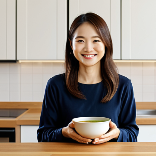 Home 6 A serene, professional woman, mid-30s, with a gentle smile, fully clothed in modest, comfortable attire, gently holding a delicate, steaming bowl of traditional miso soup. Her posture reflects wellness and calm. The background is a clean, minimalist kitchen with soft, warm lighting, emphasizing natural ingredients like soybeans, rice, and fresh vegetables on a wooden counter, subtly hinting at healthy digestion and probiotic benefits. Perfect anatomy, correct proportions, natural pose, well-formed hands, proper finger count, natural body proportions. Professional photography, high resolution, inviting atmosphere, safe for work, appropriate content, fully clothed, professional, family-friendly.