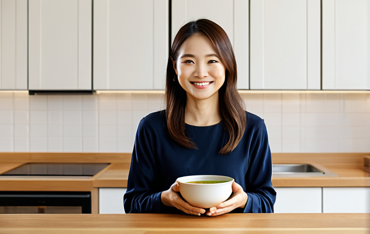 A serene, professional woman, mid-30s, with a gentle smile, fully clothed in modest, comfortable attire, gently holding a delicate, steaming bowl of traditional miso soup. Her posture reflects wellness and calm. The background is a clean, minimalist kitchen with soft, warm lighting, emphasizing natural ingredients like soybeans, rice, and fresh vegetables on a wooden counter, subtly hinting at healthy digestion and probiotic benefits. Perfect anatomy, correct proportions, natural pose, well-formed hands, proper finger count, natural body proportions. Professional photography, high resolution, inviting atmosphere, safe for work, appropriate content, fully clothed, professional, family-friendly.