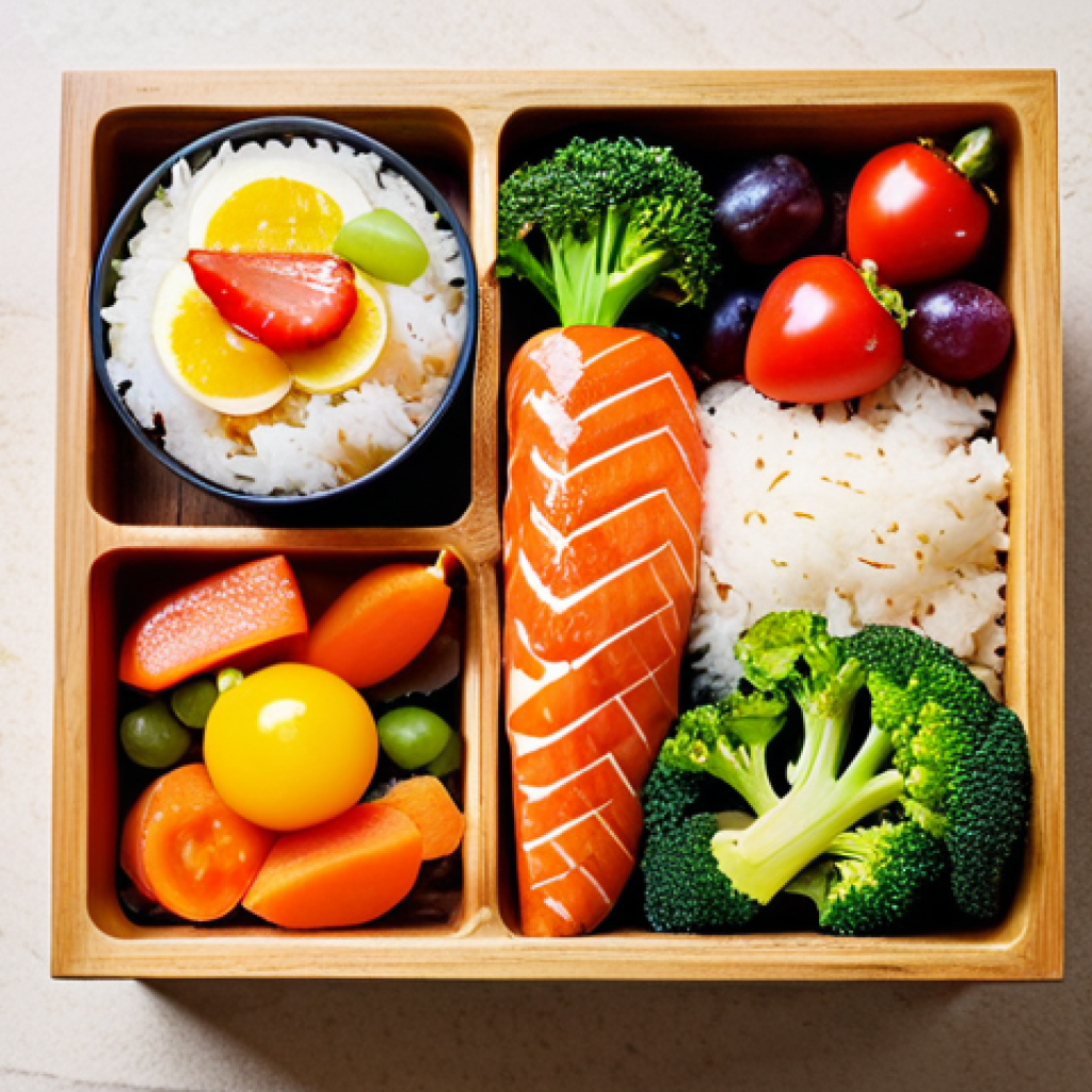 The Bento Box Itself**

"A beautifully arranged Japanese bento box, made of natural wood, filled with colorful and healthy food, including rice shaped into a cute animal, grilled salmon, colorful vegetables (carrots, bell peppers, broccoli), and fresh fruit (strawberries, grapes), top-down view, bright and natural lighting, professional food photography, safe for work, appropriate content, fully clothed, modest presentation, perfect anatomy, correct proportions, natural pose, well-formed hands, proper finger count, natural body proportions, family-friendly."

**