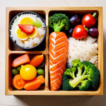 The Bento Box Itself**

"A beautifully arranged Japanese bento box, made of natural wood, filled with colorful and healthy food, including rice shaped into a cute animal, grilled salmon, colorful vegetables (carrots, bell peppers, broccoli), and fresh fruit (strawberries, grapes), top-down view, bright and natural lighting, professional food photography, safe for work, appropriate content, fully clothed, modest presentation, perfect anatomy, correct proportions, natural pose, well-formed hands, proper finger count, natural body proportions, family-friendly."

**