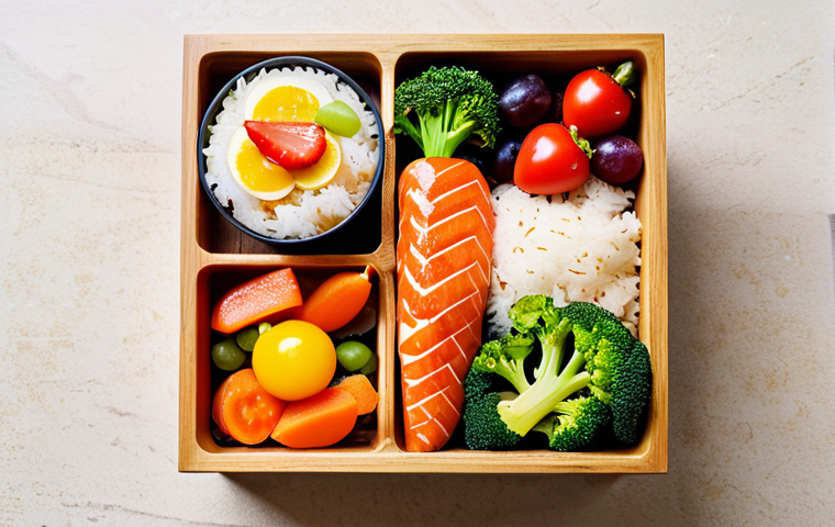The Bento Box Itself**

"A beautifully arranged Japanese bento box, made of natural wood, filled with colorful and healthy food, including rice shaped into a cute animal, grilled salmon, colorful vegetables (carrots, bell peppers, broccoli), and fresh fruit (strawberries, grapes), top-down view, bright and natural lighting, professional food photography, safe for work, appropriate content, fully clothed, modest presentation, perfect anatomy, correct proportions, natural pose, well-formed hands, proper finger count, natural body proportions, family-friendly."

**