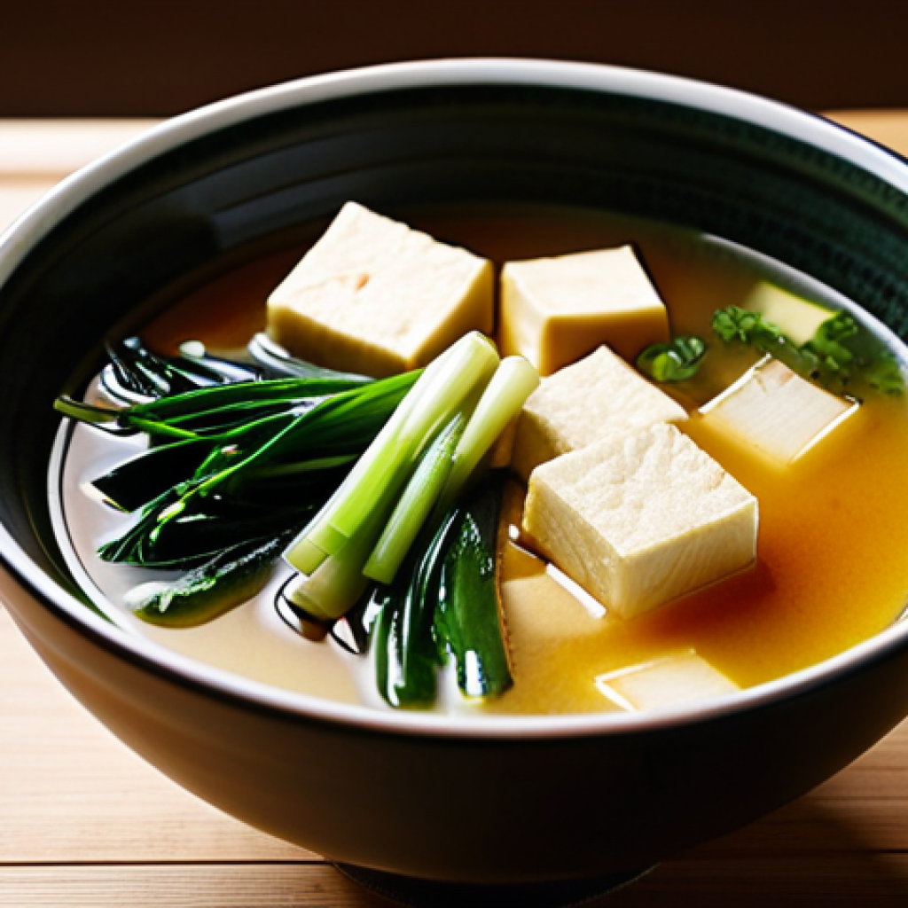 Miso Soup with White Miso**

"A steaming bowl of miso soup, showcasing a light broth color, fully clothed, appropriate content, safe for work, perfect anatomy, natural proportions, professional food photography, high quality. Prominently features tofu cubes, wakame seaweed, and thinly sliced green onions. The broth has a milky appearance due to the white miso (shiro miso). The setting is a warmly lit, minimalist Japanese kitchen."

**