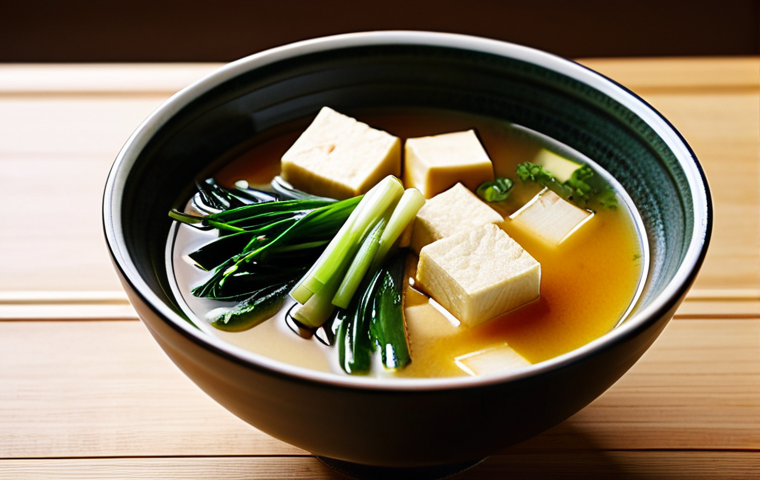 Miso Soup with White Miso**

"A steaming bowl of miso soup, showcasing a light broth color, fully clothed, appropriate content, safe for work, perfect anatomy, natural proportions, professional food photography, high quality. Prominently features tofu cubes, wakame seaweed, and thinly sliced green onions. The broth has a milky appearance due to the white miso (shiro miso). The setting is a warmly lit, minimalist Japanese kitchen."

**