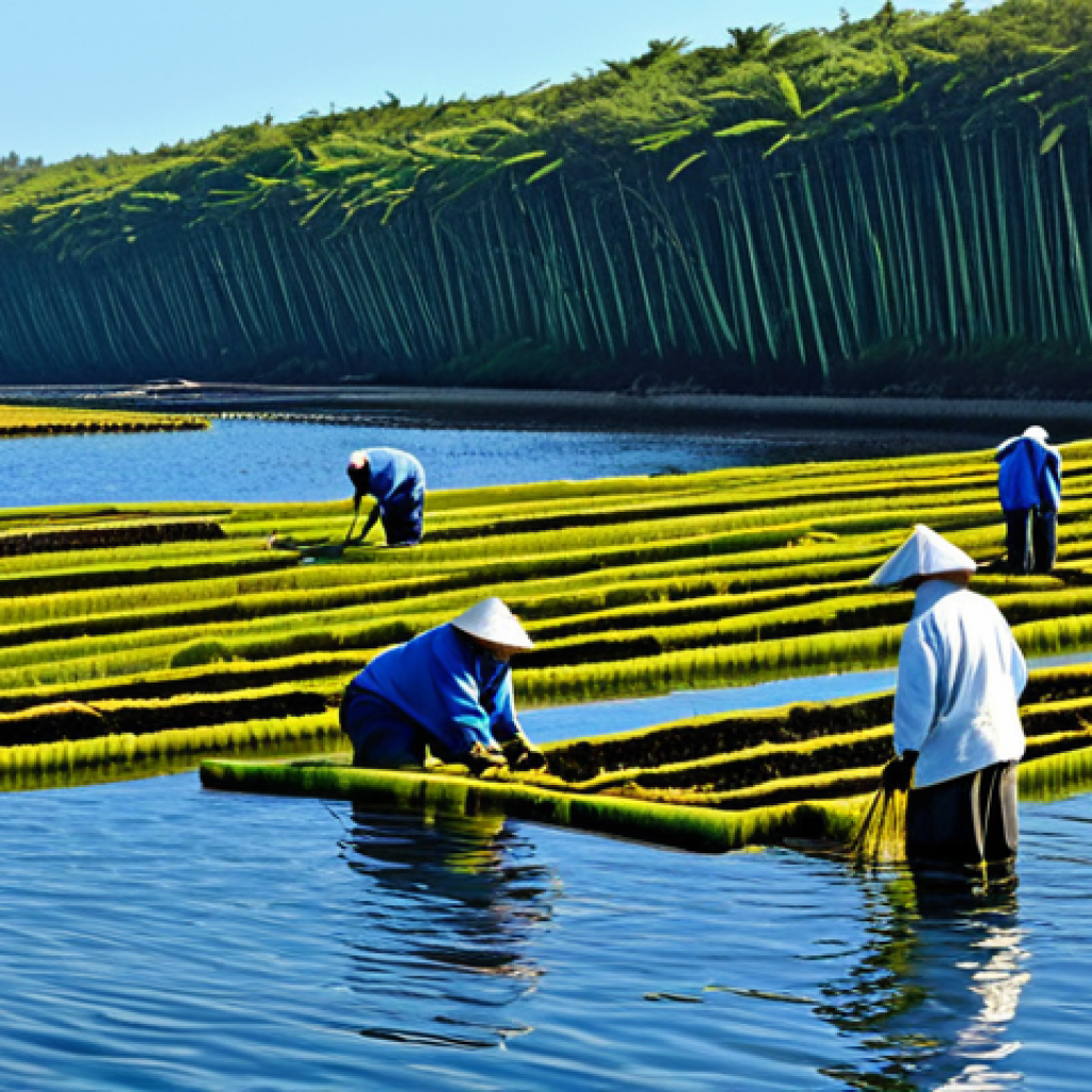 초밥용 김의 종류 - Nori Farm**

"A serene scene of a nori seaweed farm in shallow waters, workers in modest clothing ha...
