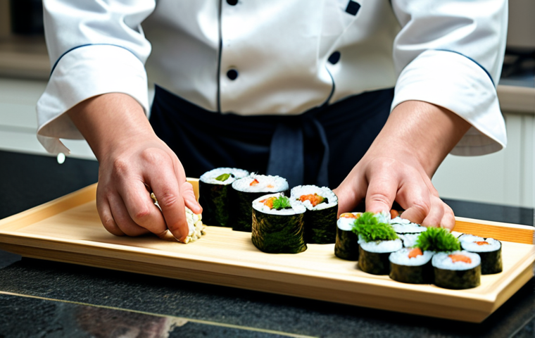 초밥용 김의 종류 - Nori Farm**

"A serene scene of a nori seaweed farm in shallow waters, workers in modest clothing ha...