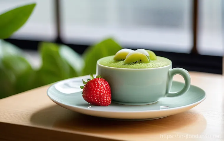 일본식 디저트 카페 추천 - **A Serene Japanese Cafe Interior with Elegant Desserts:** A high-angle, detailed shot of a minimali...