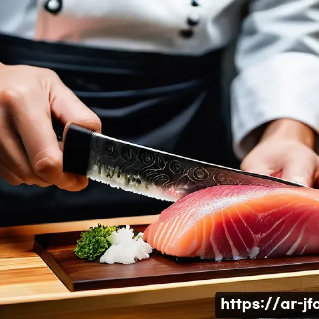 일본 스시 셰프 도구 - **Prompt:** A close-up, high-angle shot capturing the graceful hands of a Japanese sushi chef meticu...