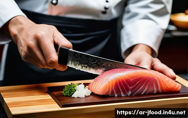 일본 스시 셰프 도구 - **Prompt:** A close-up, high-angle shot capturing the graceful hands of a Japanese sushi chef meticu...