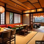 Home 18 일본 음식점 창업 가이드 - A cozy Japanese restaurant interior blending traditional and modern design elements, featuring natur...