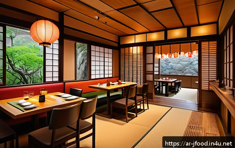 일본 음식점 창업 가이드 - A cozy Japanese restaurant interior blending traditional and modern design elements, featuring natur...