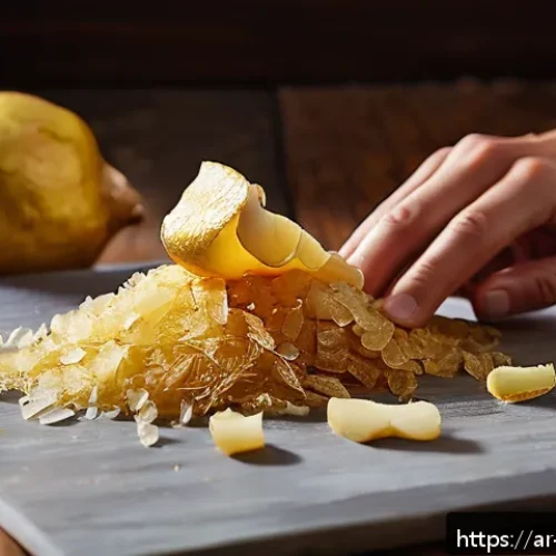 Home 17 일본식 생강 절임 - A close-up image of fresh young ginger roots with thin, delicate skin being carefully peeled using a...