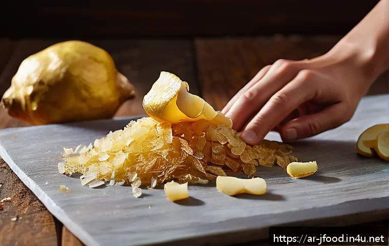 일본식 생강 절임 - A close-up image of fresh young ginger roots with thin, delicate skin being carefully peeled using a...