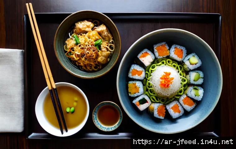 일본 요리 레시피 모음 - Photorealistic overhead food scene of a Japanese home-cooking recipe collection: neatly arranged sus...